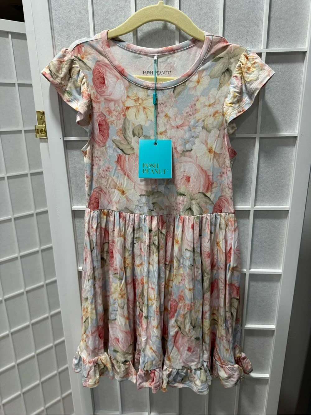 Posh Peanut Floral Ruffle Sleeve Dress in Pink and Cream